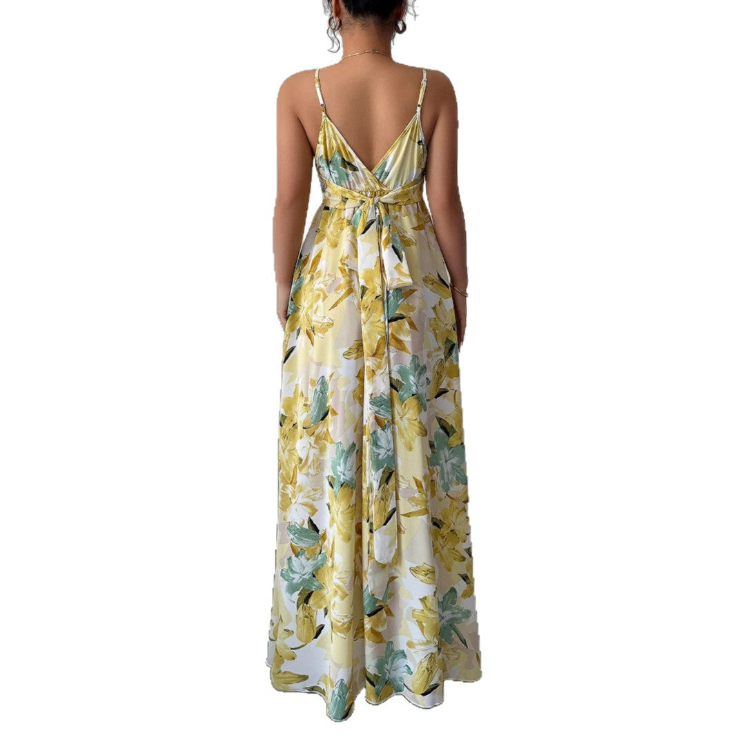Elegant Suspender Printed Long Skirt Dress