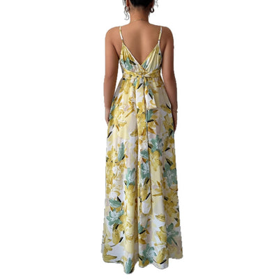 Elegant Suspender Printed Long Skirt Dress