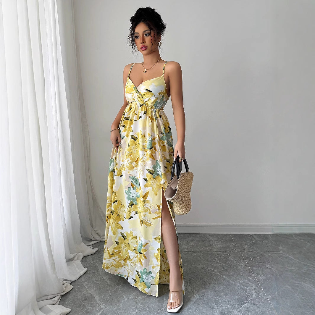 Elegant Suspender Printed Long Skirt Dress