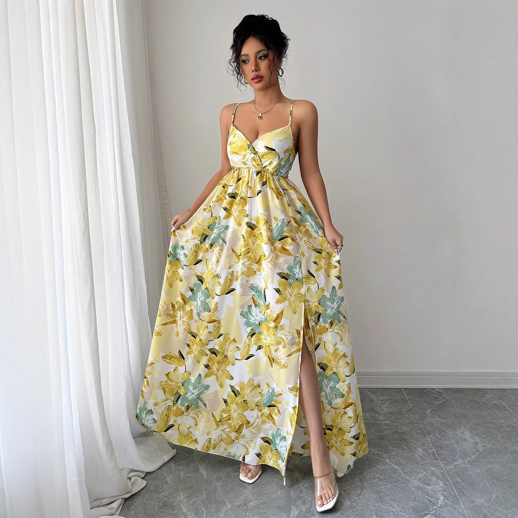 Elegant Suspender Printed Long Skirt Dress