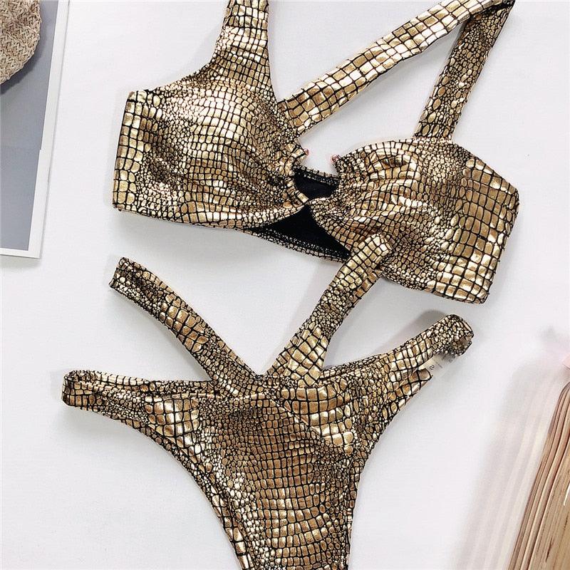 Conjunto de Bikini Brillante de Serpiente Elegante para Mujeres