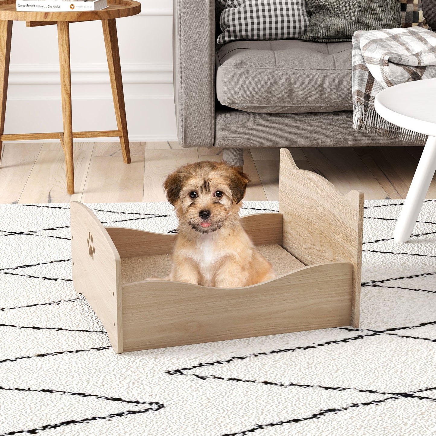Estructura de Cama Elevada para Mascotas con Barandillas y Encantadores Cabeceros - Nogal