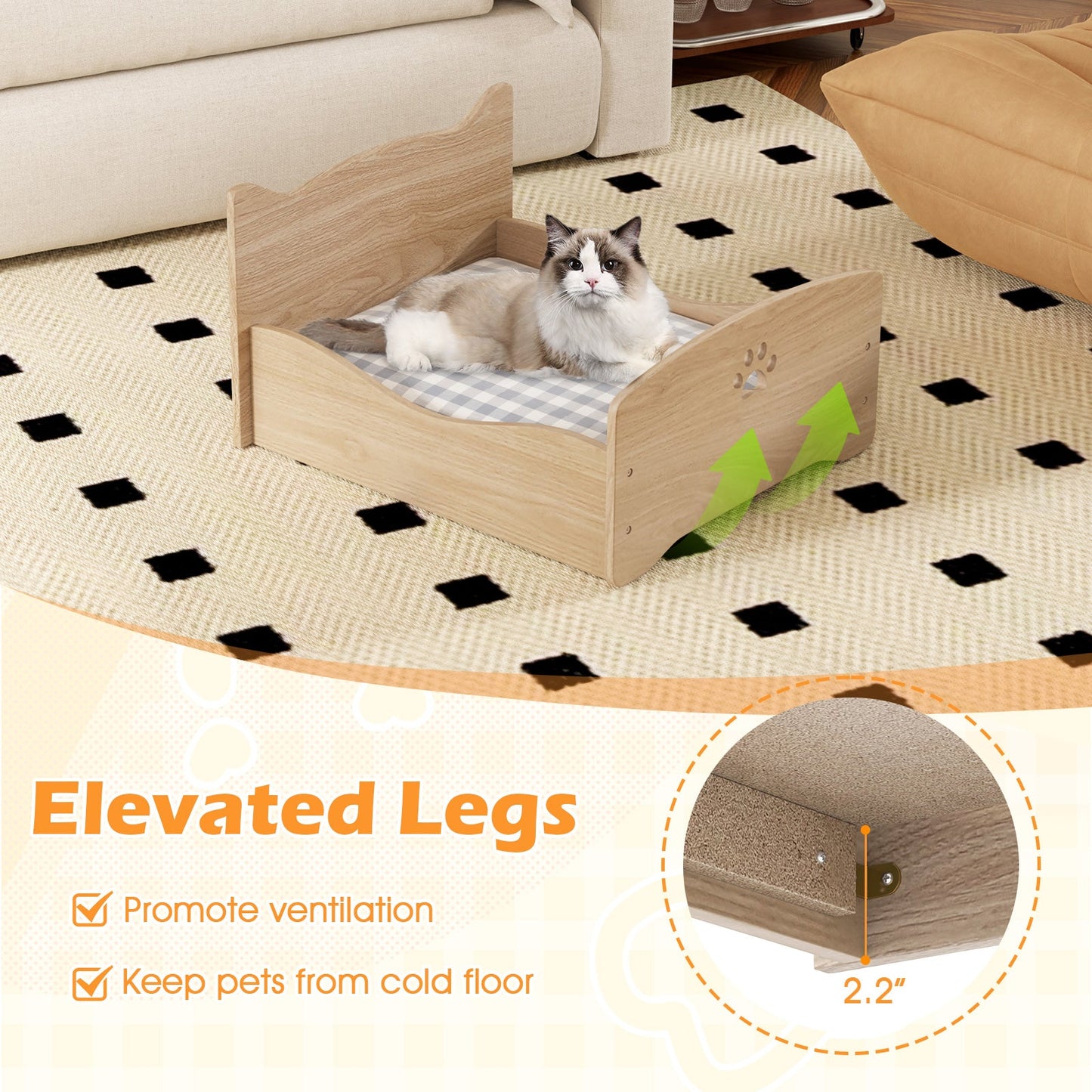 Estructura de Cama Elevada para Mascotas con Barandillas y Encantadores Cabeceros - Nogal