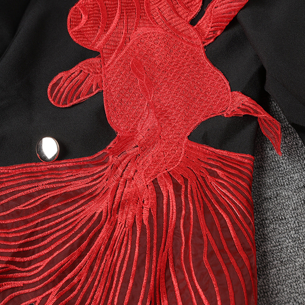 Embroidered goldfish patchwork irregular mesh suit loose jacket for women - Korvel