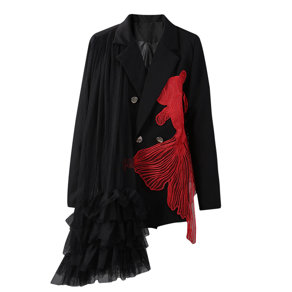 Embroidered goldfish patchwork irregular mesh suit loose jacket for women - Korvel