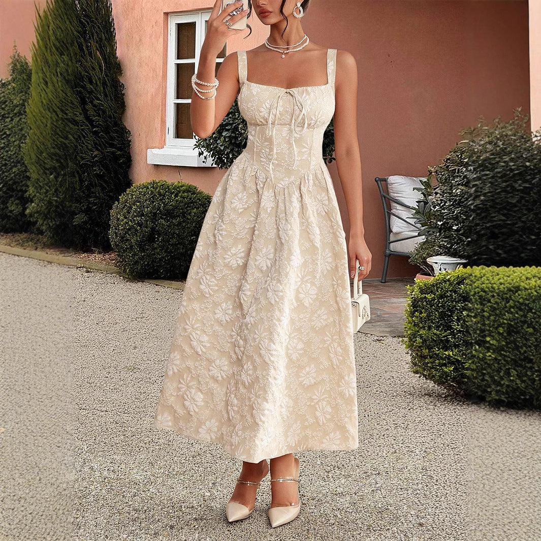 Embroidered suspender waistband dress - Korvel