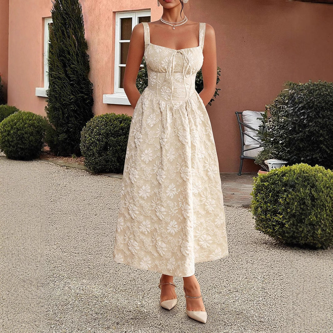 Embroidered suspender waistband dress - Korvel