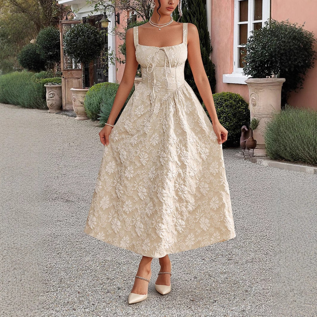 Embroidered suspender waistband dress - Korvel