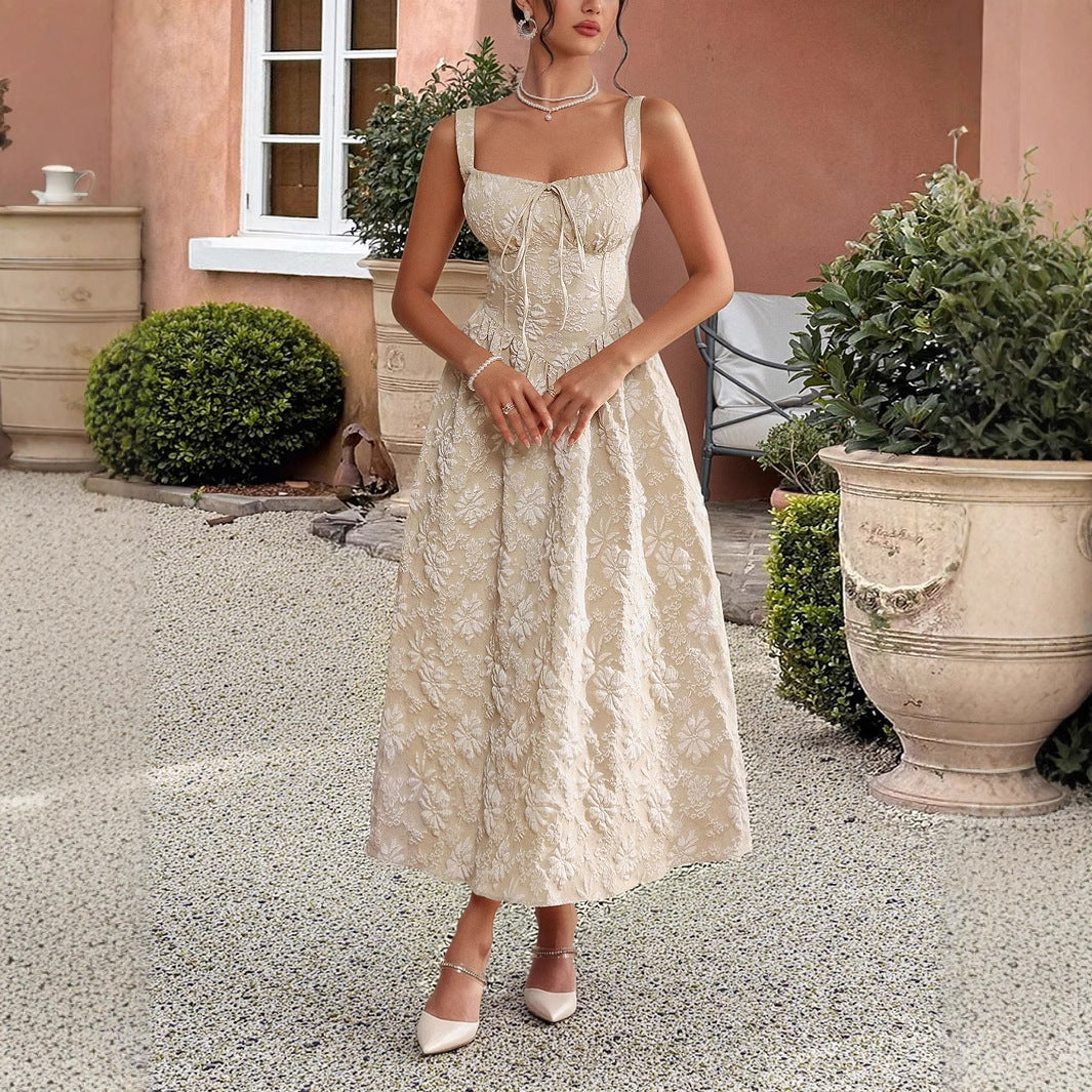 Embroidered suspender waistband dress - Korvel