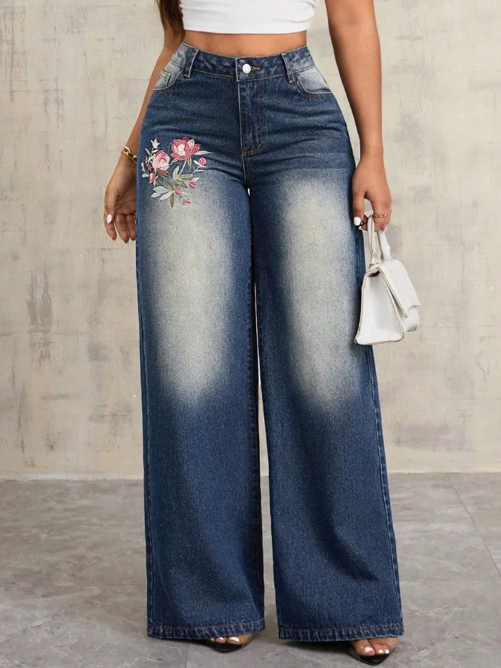Embroidered Wide Leg Jeans - Korvel