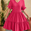 New V-neck jacquard waist cinched five quarter sleeve pleated dress - Korvel