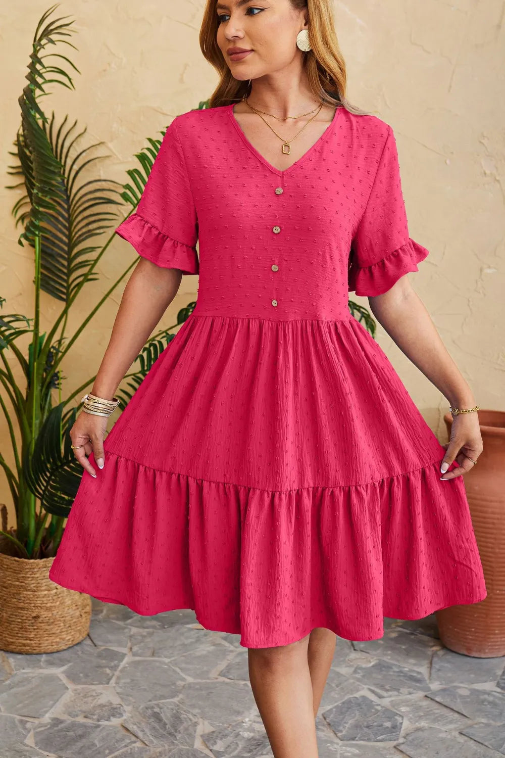New V-neck jacquard waist cinched five quarter sleeve pleated dress - Korvel