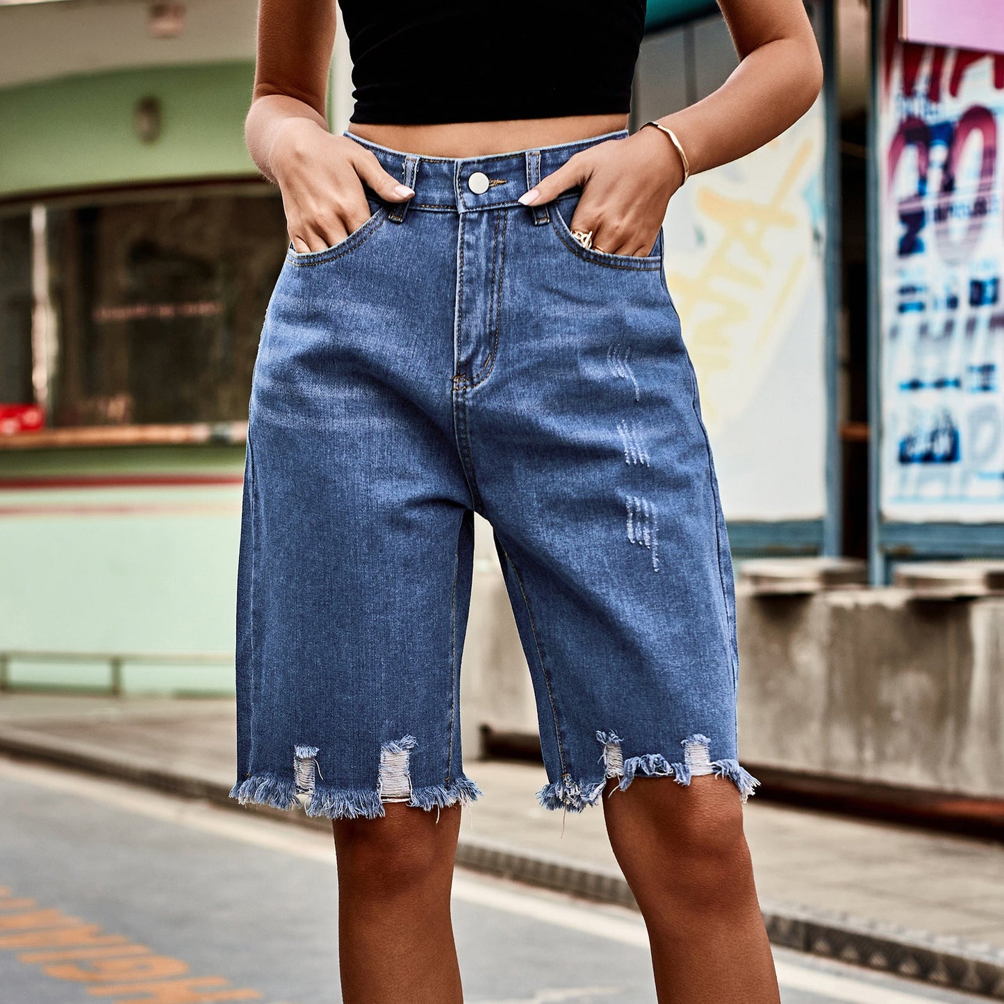 European and American denim ripped cropped pants, fashionable fringed fringe jeans for women - Korvel