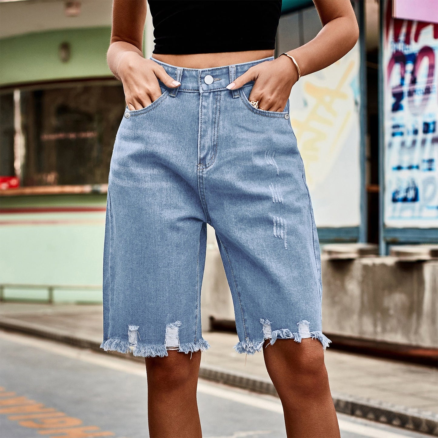 European and American denim ripped cropped pants, fashionable fringed fringe jeans for women - Korvel