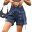 European and American denim work pants, casual pocket shorts elastic waistband for women - Korvel