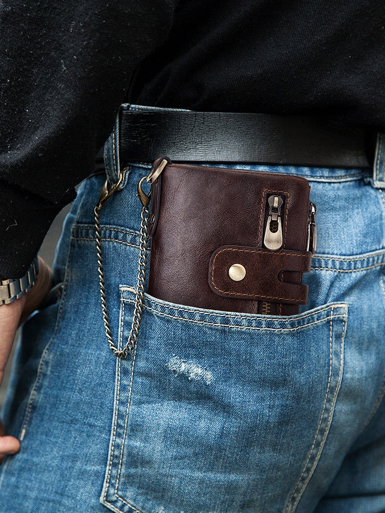 European and American first-layer kraft card bag men's short genuine leather wallet Father's Day gift - Korvel