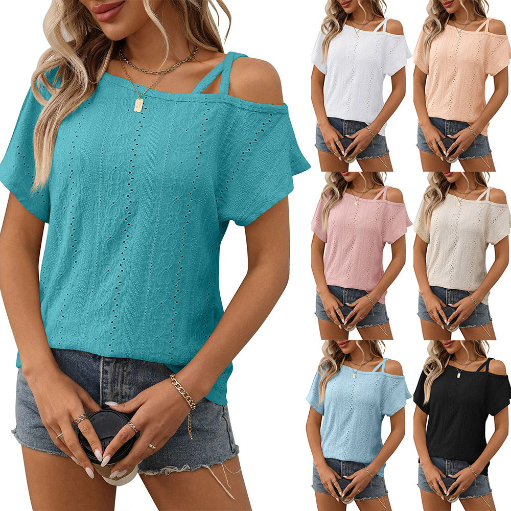 European and American one shoulder short sleeved T-shirt hollowed out top for women - Korvel
