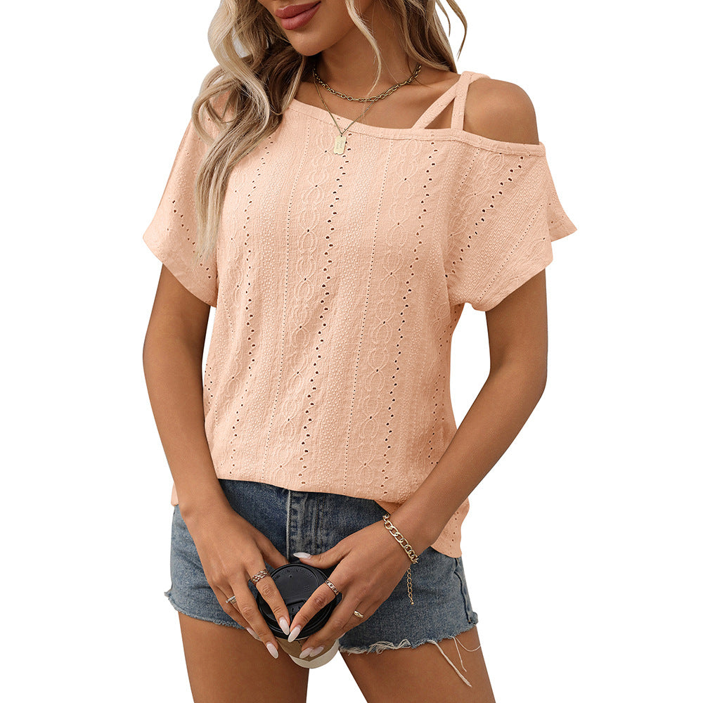 European and American one shoulder short sleeved T-shirt hollowed out top for women - Korvel
