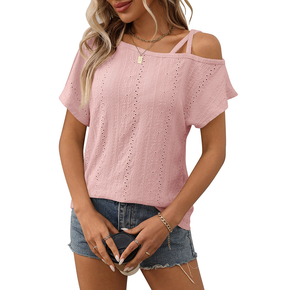 European and American one shoulder short sleeved T-shirt hollowed out top for women - Korvel