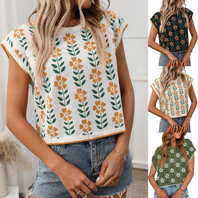 Elegante Top de Punto Floral con Cuello Redondo para Mujeres
