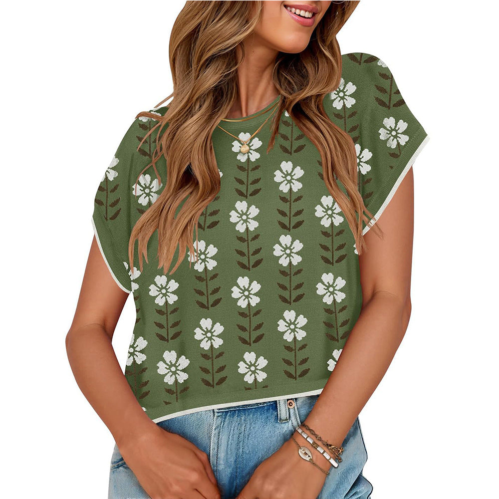 Elegante Top de Punto Floral con Cuello Redondo para Mujeres
