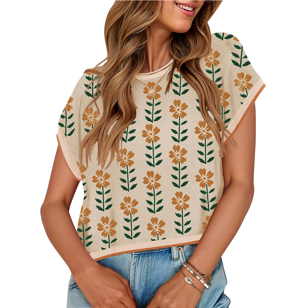 Elegante Top de Punto Floral con Cuello Redondo para Mujeres