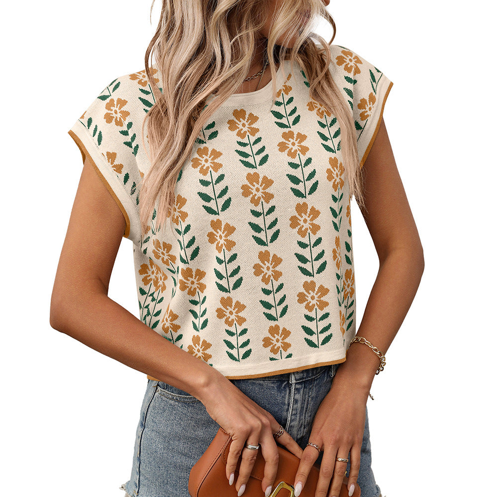 Elegante Top de Punto Floral con Cuello Redondo para Mujeres