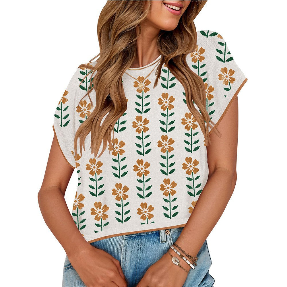 Elegante Top de Punto Floral con Cuello Redondo para Mujeres