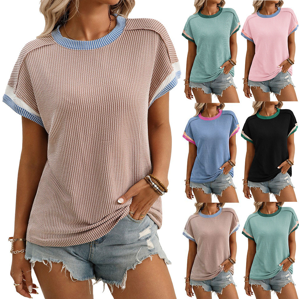 European and American round neck outer seam twisted strip short sleeved loose color blocked T-shirt - Korvel