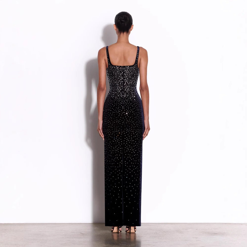 European and American sexy fashion socialite temperament hot diamond suspender backless long dress women's dress - Korvel