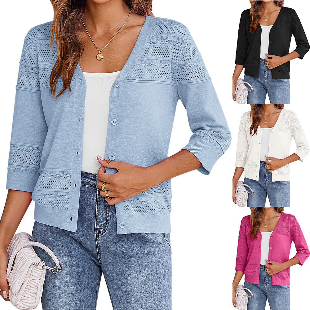 European and American shawl hollow knitted V-neck cardigan - Korvel