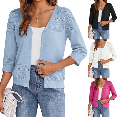 European and American shawl hollow knitted V-neck cardigan - Korvel