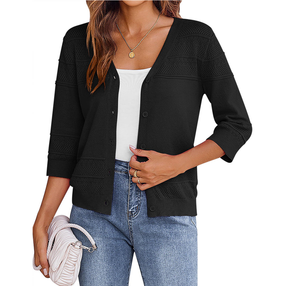 European and American shawl hollow knitted V-neck cardigan - Korvel