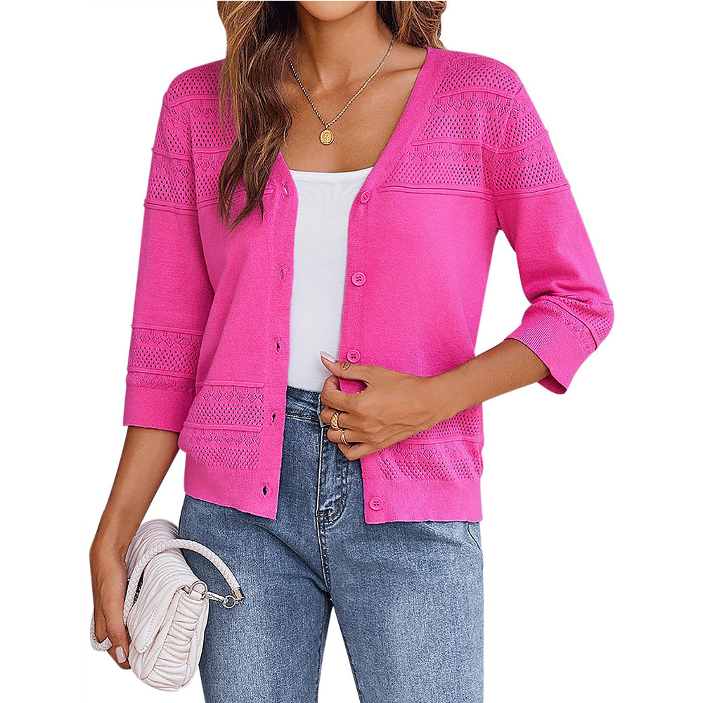 European and American shawl hollow knitted V-neck cardigan - Korvel