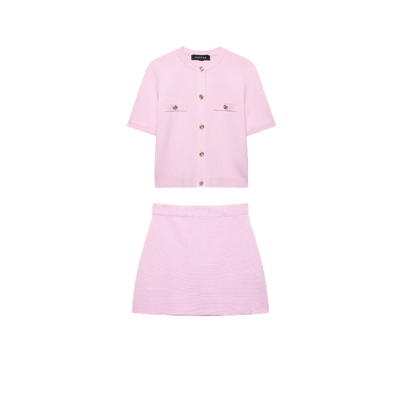 European and American style women's clothing new fashion short sleeved knitted top half skirt set - Korvel