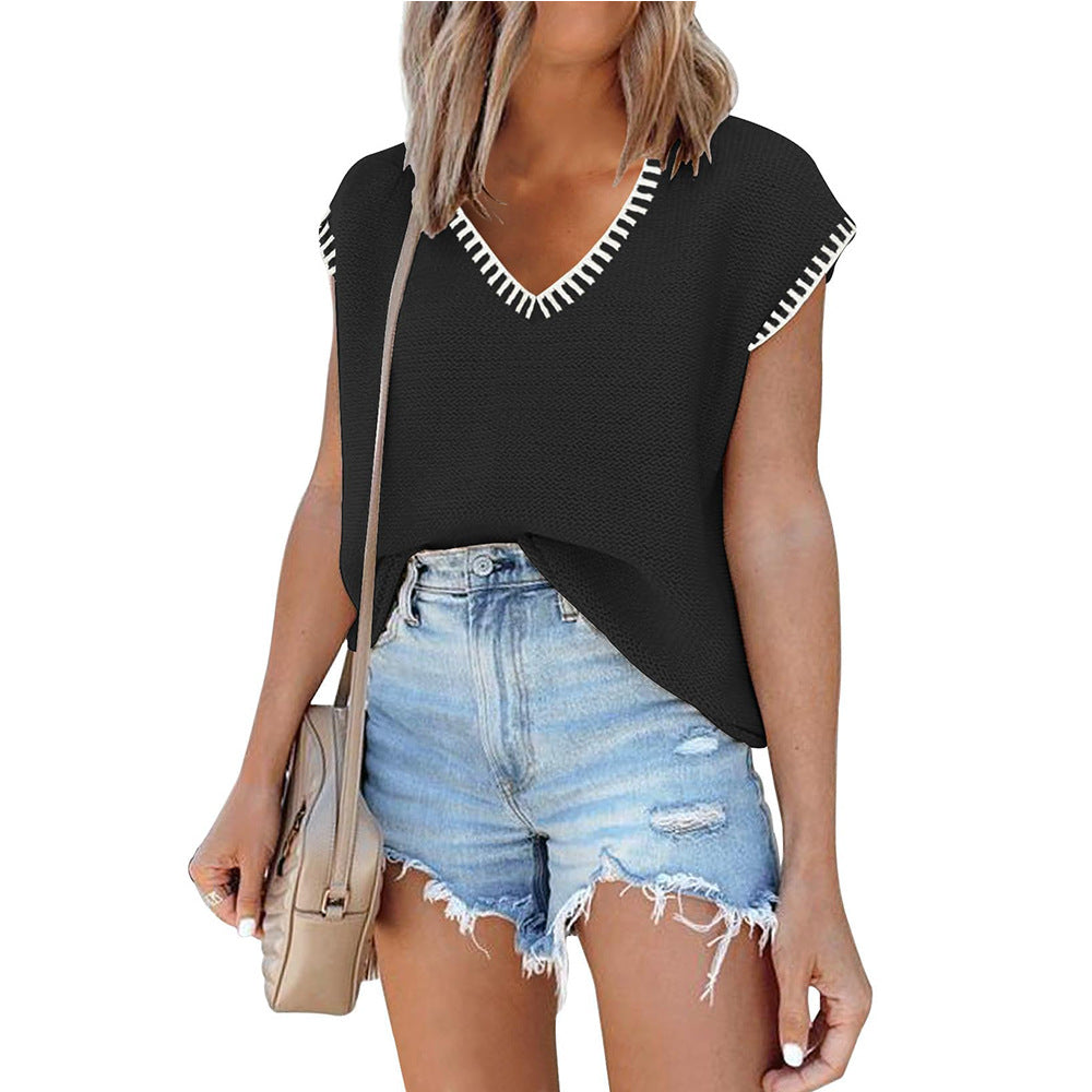 European and American V-neck Short Sleeved Striped Top