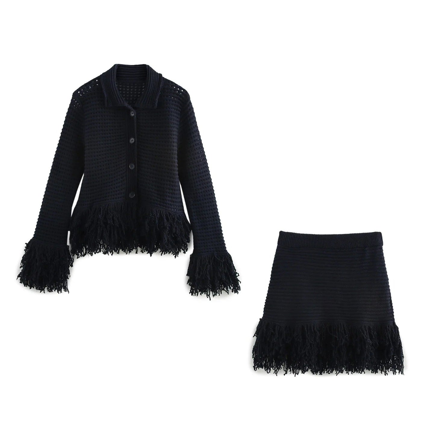 Versatile Women's Tassel Knit Sweater and Skirt Set