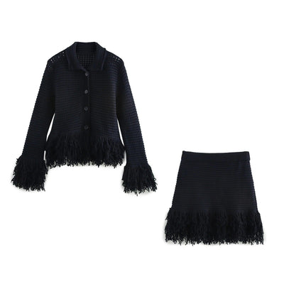 Versatile Women's Tassel Knit Sweater and Skirt Set