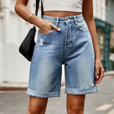 European and American women's perforated rolled edge five quarter denim shorts casual pants - Korvel