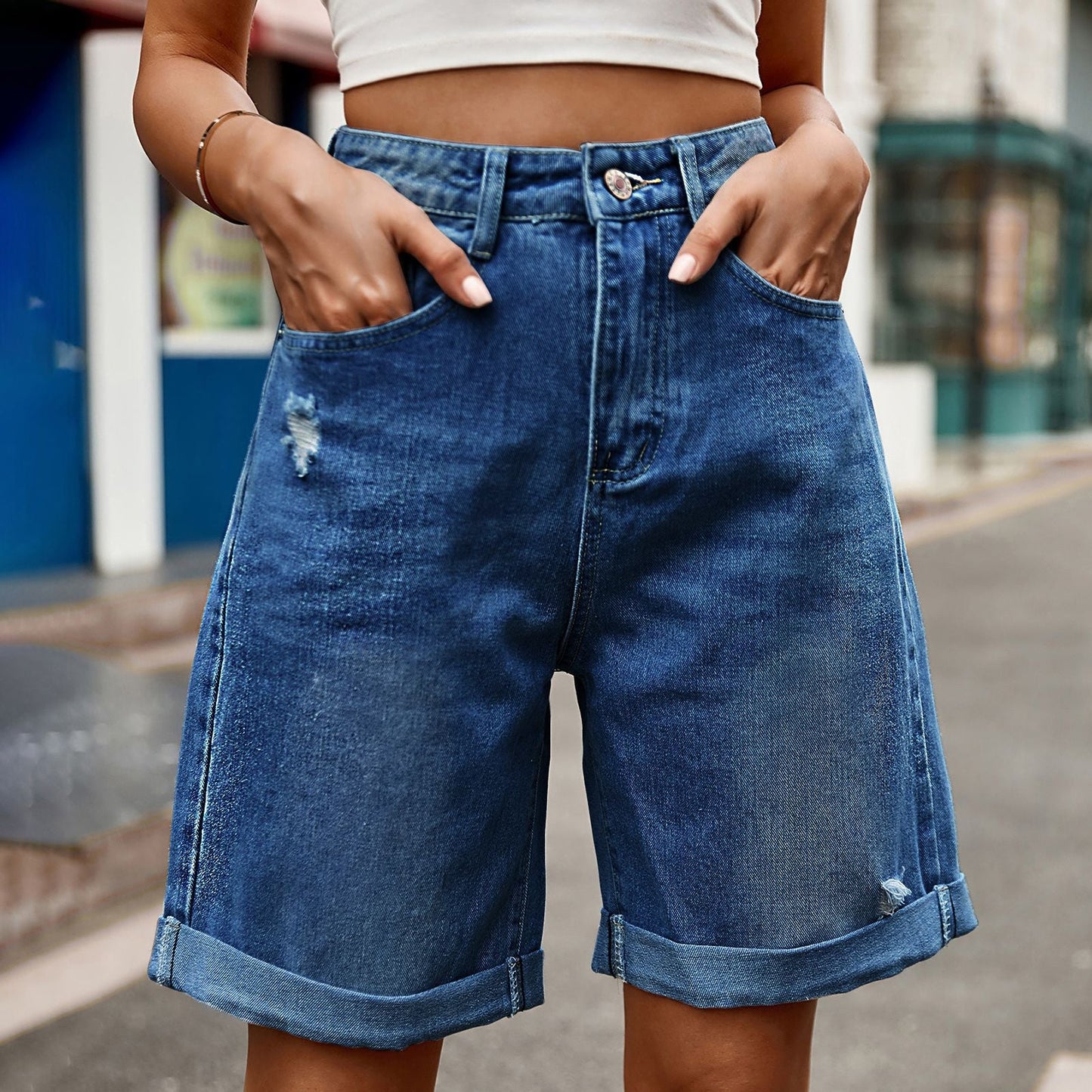 European and American women's perforated rolled edge five quarter denim shorts casual pants - Korvel