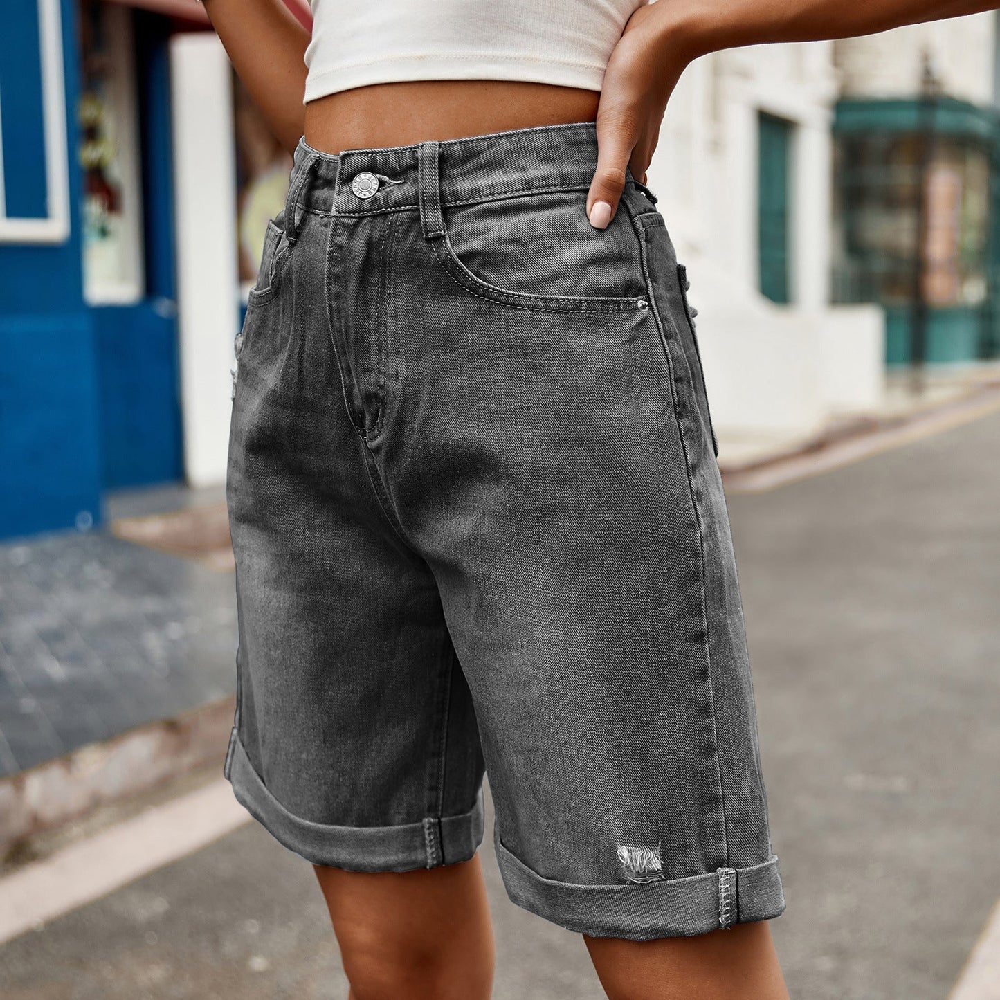 European and American women's perforated rolled edge five quarter denim shorts casual pants - Korvel