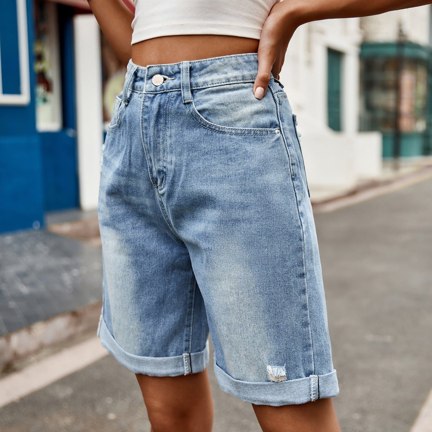 European and American women's perforated rolled edge five quarter denim shorts casual pants - Korvel