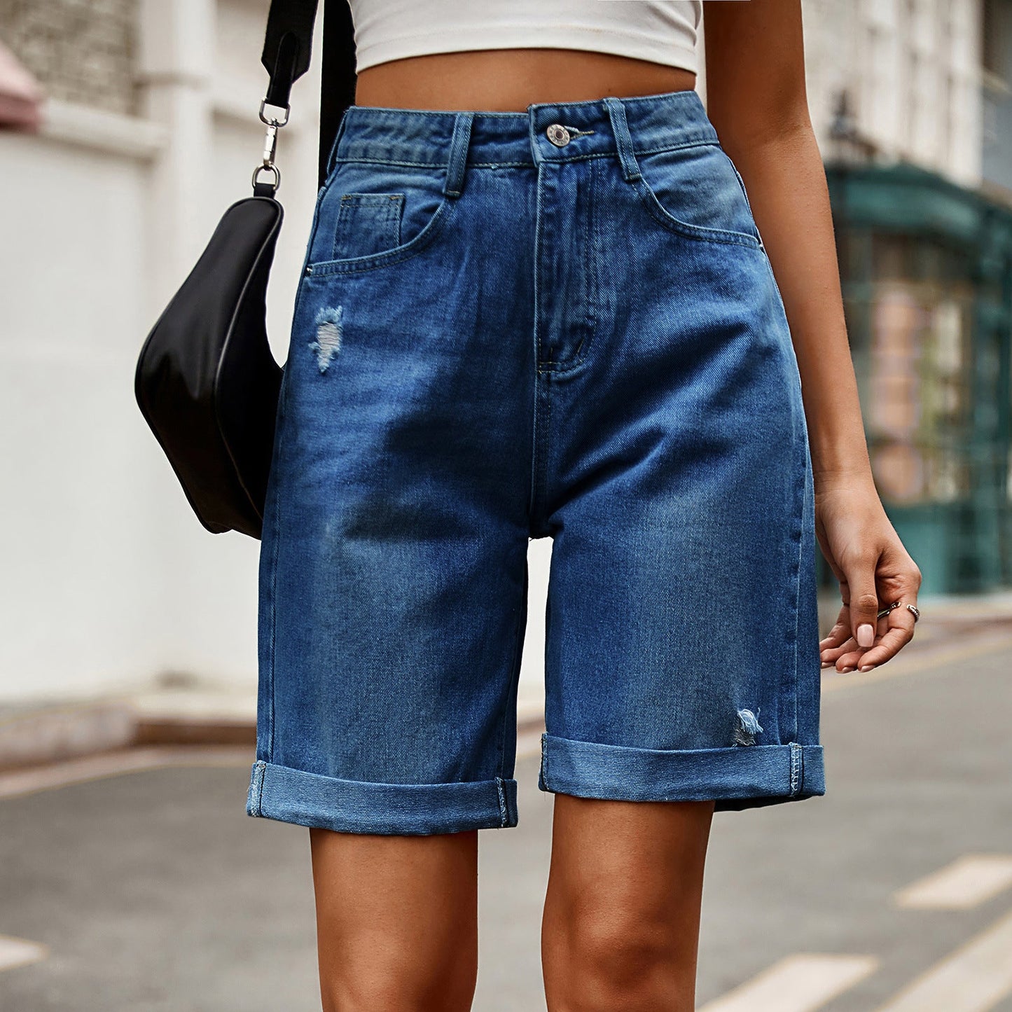 European and American women's perforated rolled edge five quarter denim shorts casual pants - Korvel