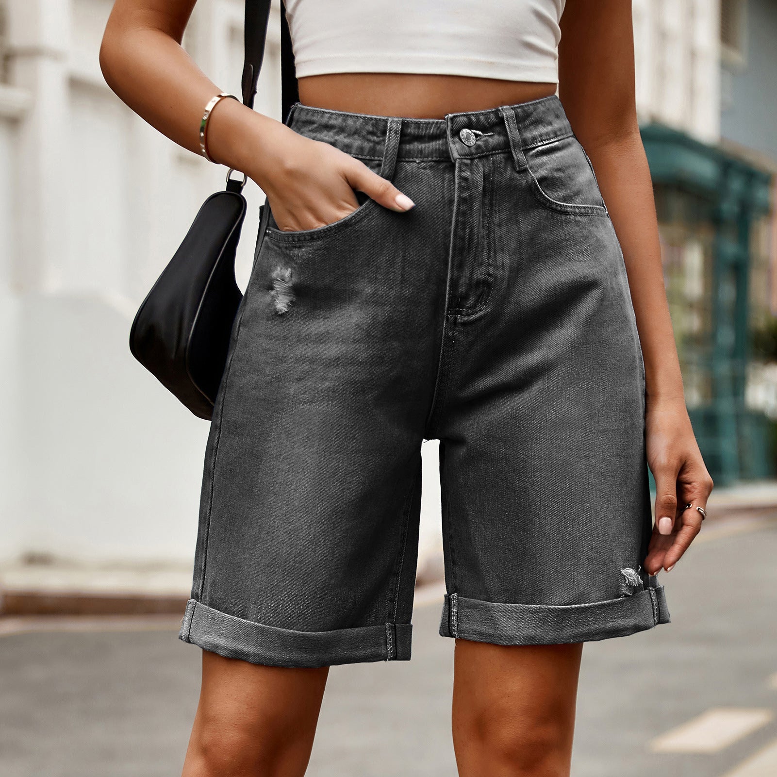 European and American women's perforated rolled edge five quarter denim shorts casual pants - Korvel