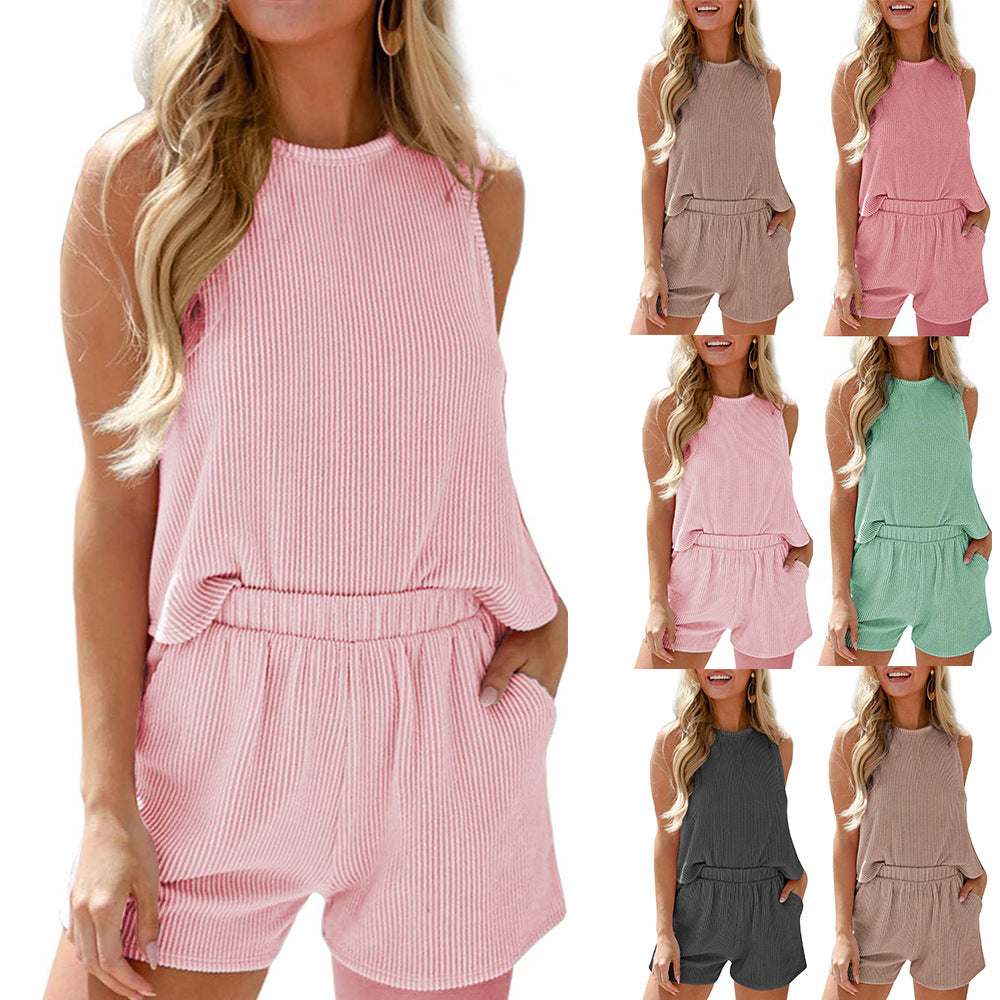 European and American women's sleeveless vest shorts striped two-piece set - Korvel