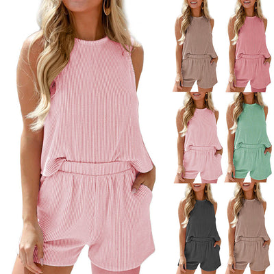 European and American women's sleeveless vest shorts striped two-piece set - Korvel