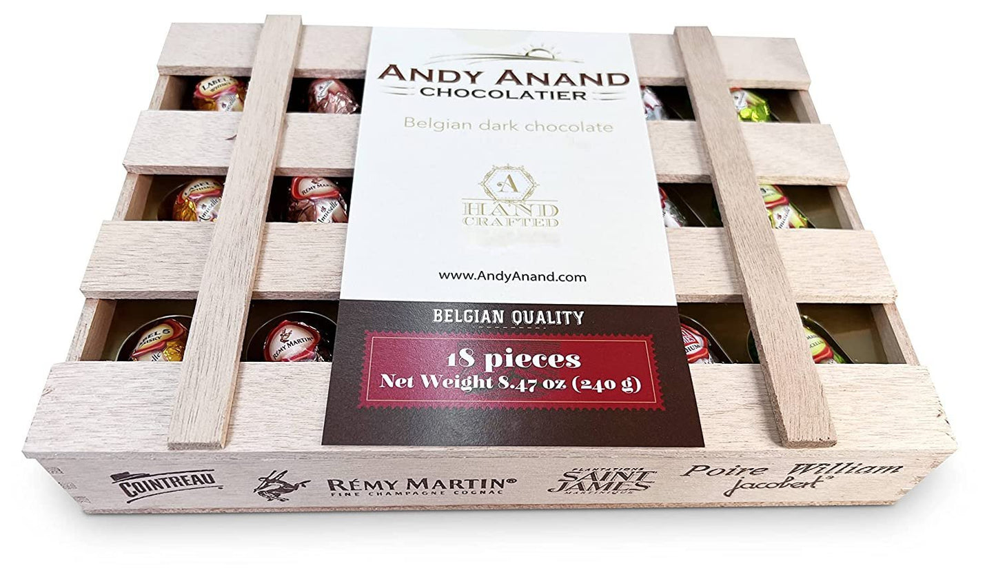 Botellas de Chocolate Oscuro con Licor Vegano Europeo Andy Anand – 18 Contenido
