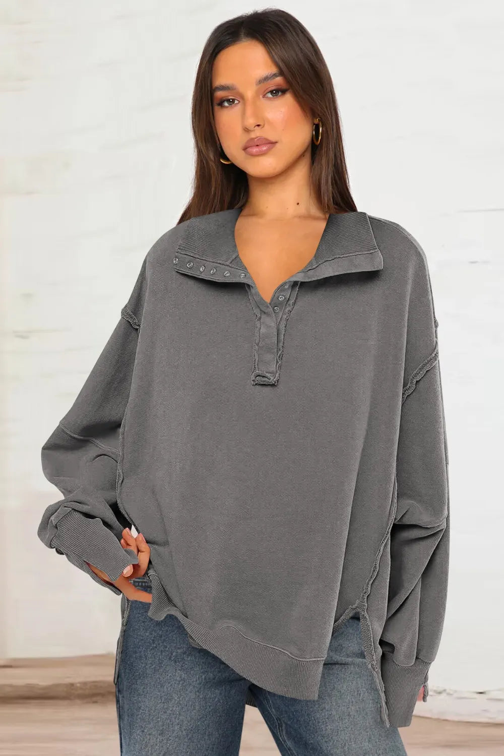 Exposed Seam Side Slit Long Sleeve Sweatshirt - Korvel