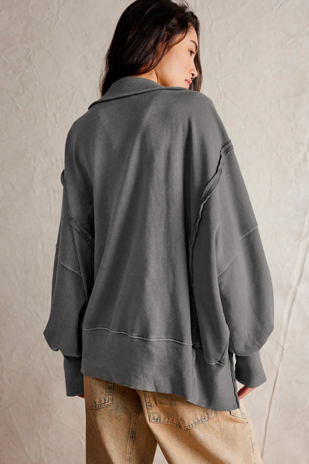 Exposed Seam Side Slit Long Sleeve Sweatshirt - Korvel