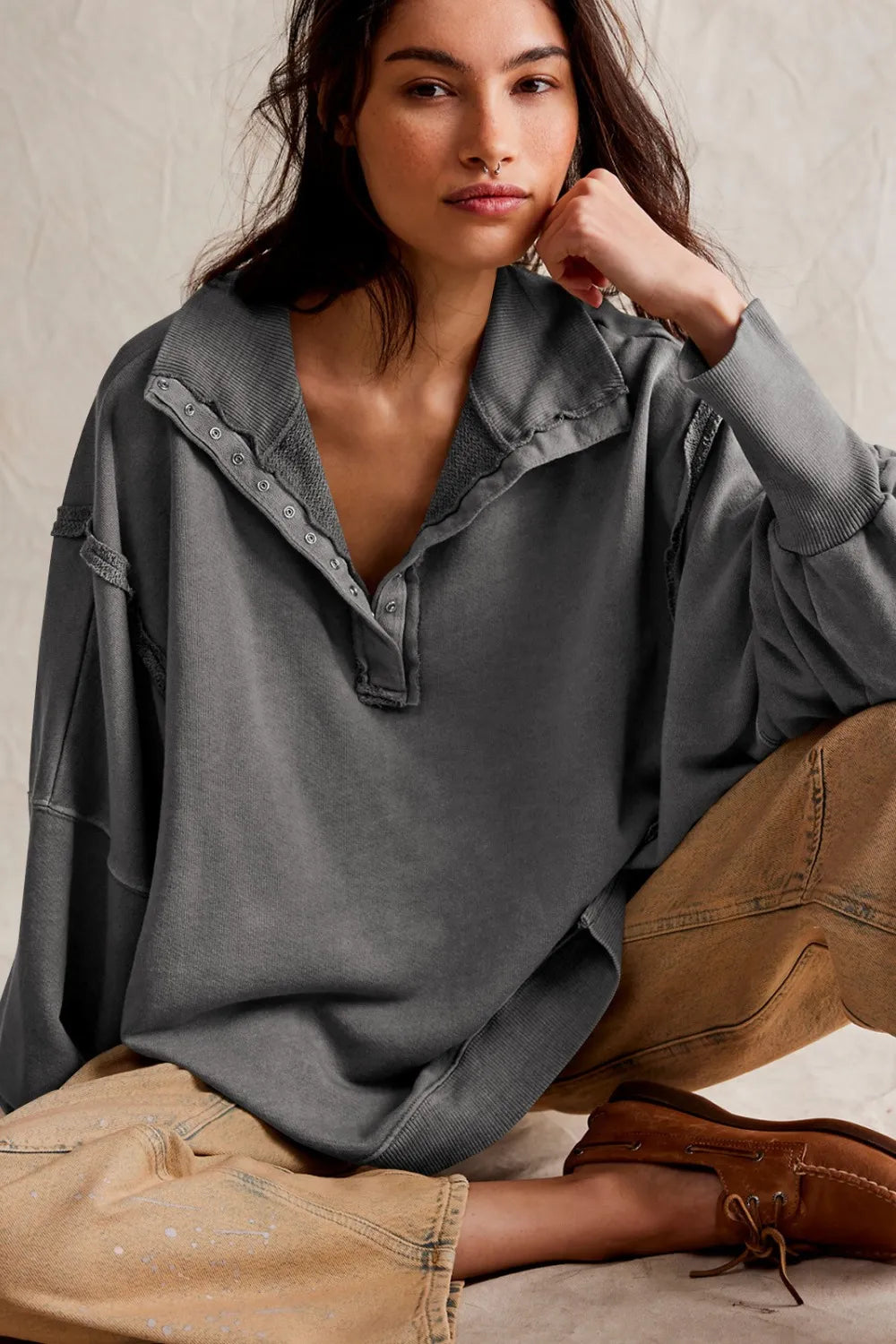 Exposed Seam Side Slit Long Sleeve Sweatshirt - Korvel